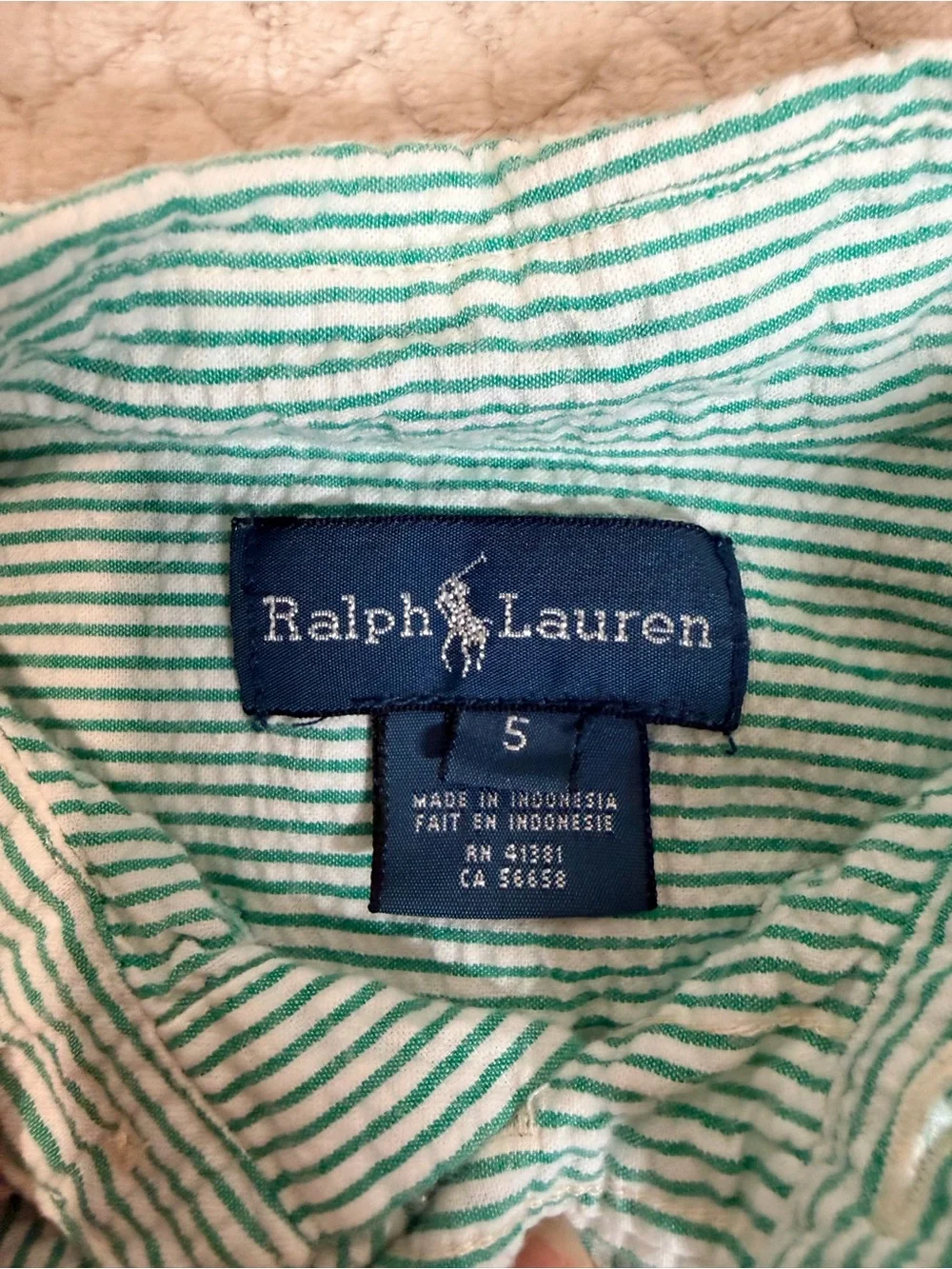 Ralph‎ Lauren Seersucker Button Down Shirt Size 5 Green White Striped Boys Pony